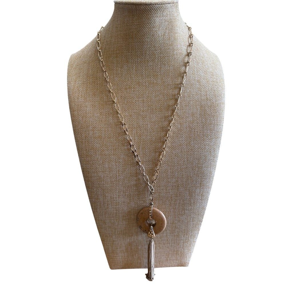 Gold Tone Long Chain Necklace Natural Stone Donut Pendant Metal Tassel Boho‎